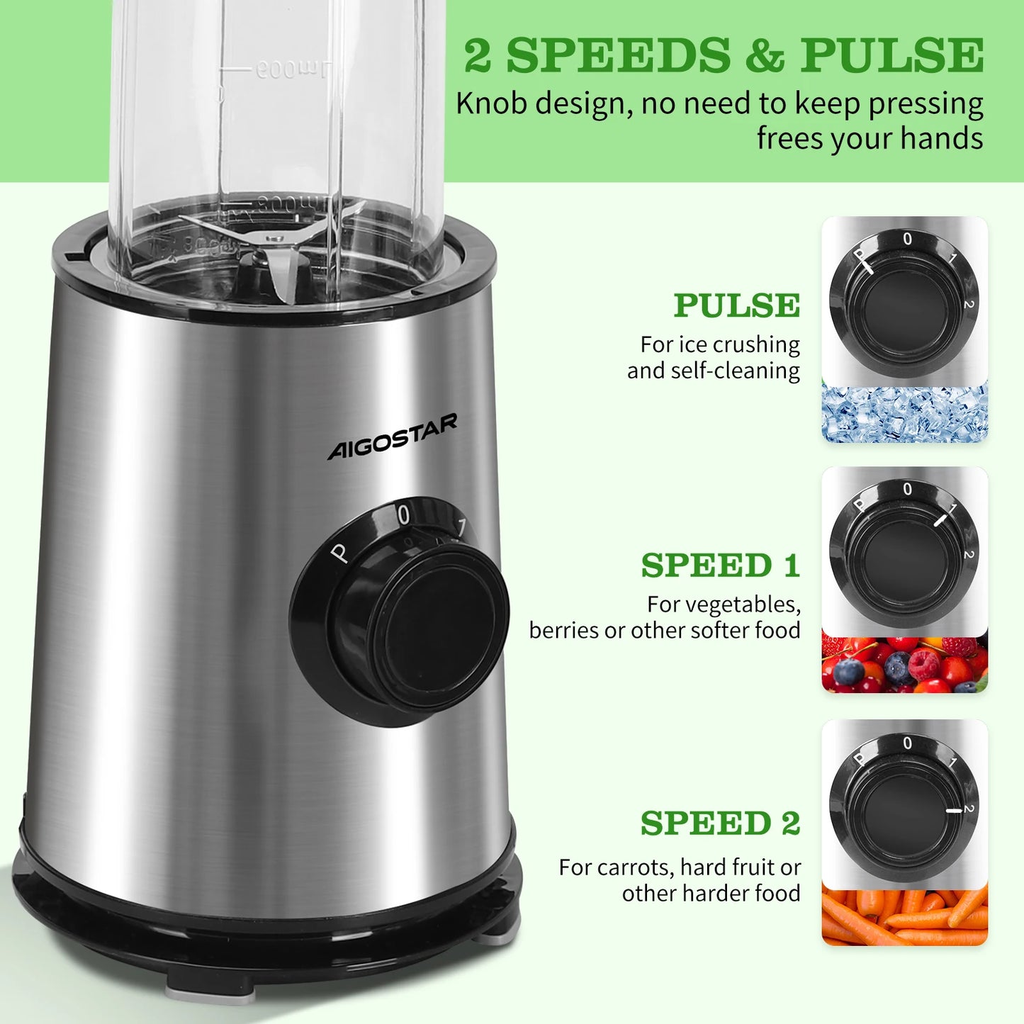 Aigostar Portable Blender, Electric Blender with 2 * 800ml BPA-FREE Water Bottles, 2 Speeds and Pulse, 4 Stainless Steel Blades,