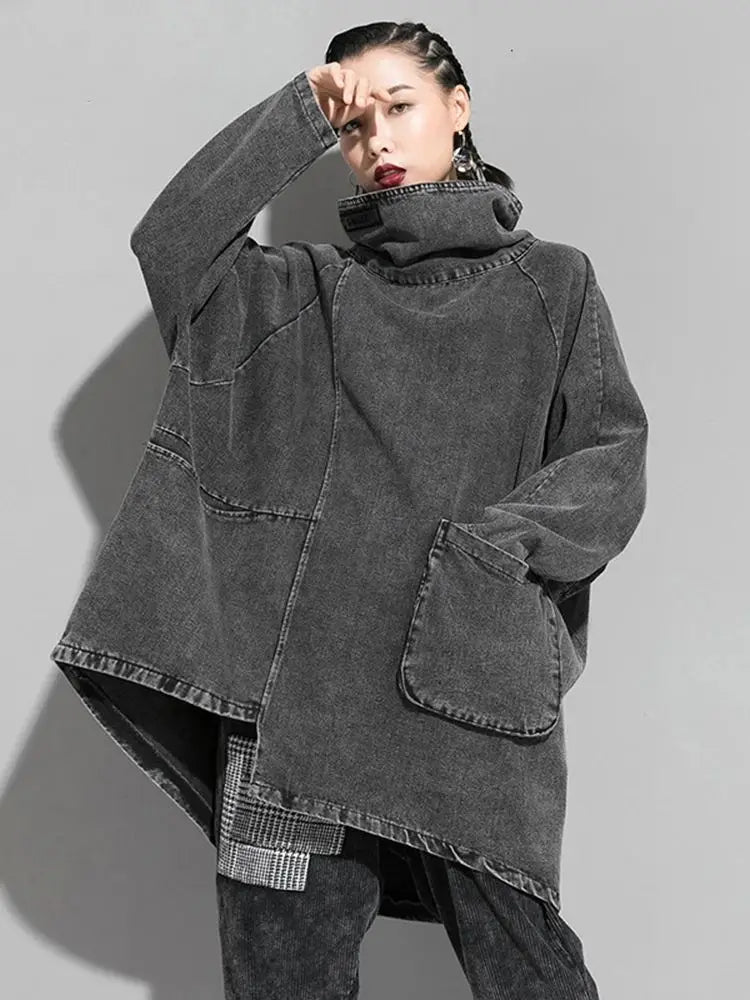 [EAM] Loose Fit Black Denim Big Size Sweatshirt New High Collar Long Sleeve Women Big Size Fashion Spring Autumn 2026 1K166