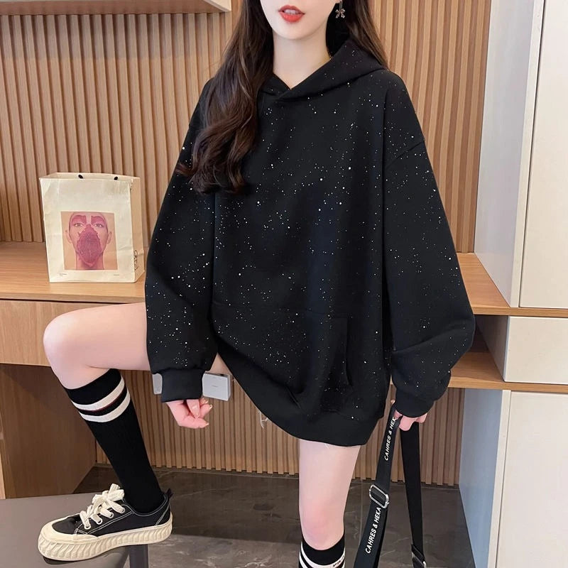 Sequins Women's Hoodies Sweatshirts Loose Y2k Vintage Matching New in Long Sleeve Y 2k Casual Emo Black Baggy Female Hooded Top