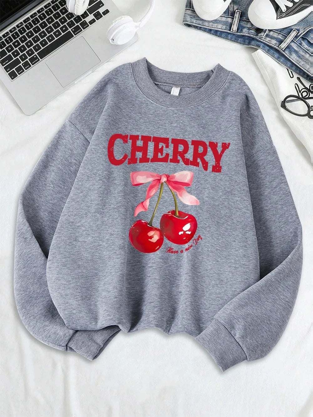 Cherry Pink Bow Have A Nice Day Prints Sweatshirts Women Warm Comfortable Hoodie O-Neck Tops Winter Casual Clothes