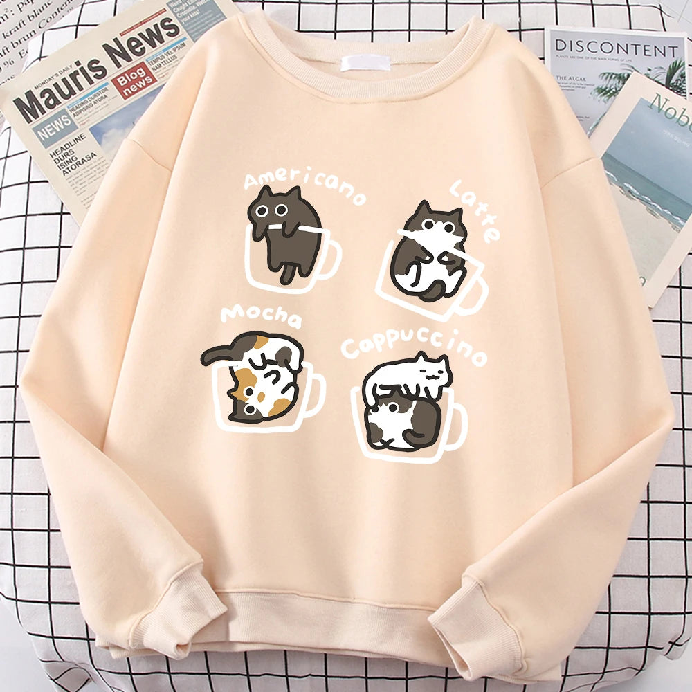 American Style Coffee Cat Cute Print Cartoons Hoodie Men Women Sweatshirt Loose Warm Clothes Personality Autumn Hoody Couple