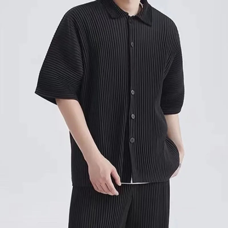Pleats Pleated Original Short-sleeved Shirt Men's Short-sleeved Blouse 2024 Spring And Summer Loose Casual Jacket Solid Color