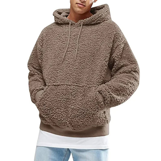 2025 Autumn Winter Men's Tops Plush Hooded Sweater Fashion Solid Warm Hoodies Y2K Streetwear in Hooded Sweatshirts Mens Clothes