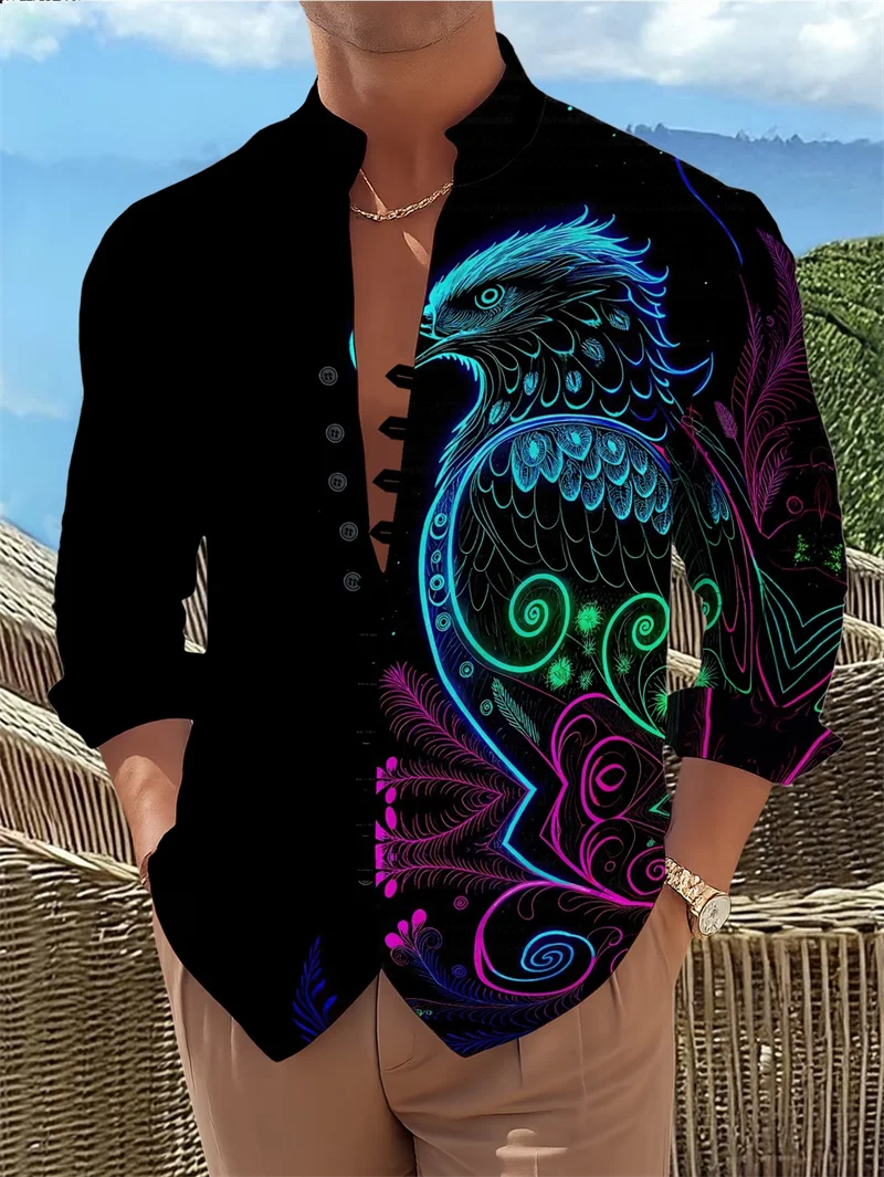 New retro ethnic style diamond patterned shirt for men, stand up collar, single breasted, personalized long sleeved top