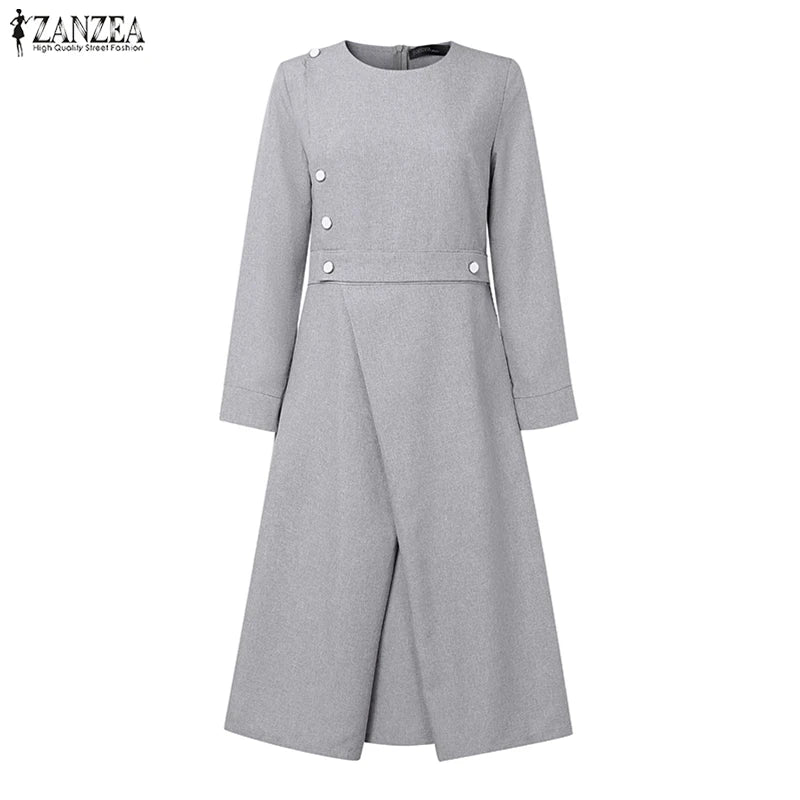 ZANZEA Autumn Dress Women Long Sleeve Elegant Office Sundress Casual Solid Color Vestidos 2025 European Style Asymmetrical Robe