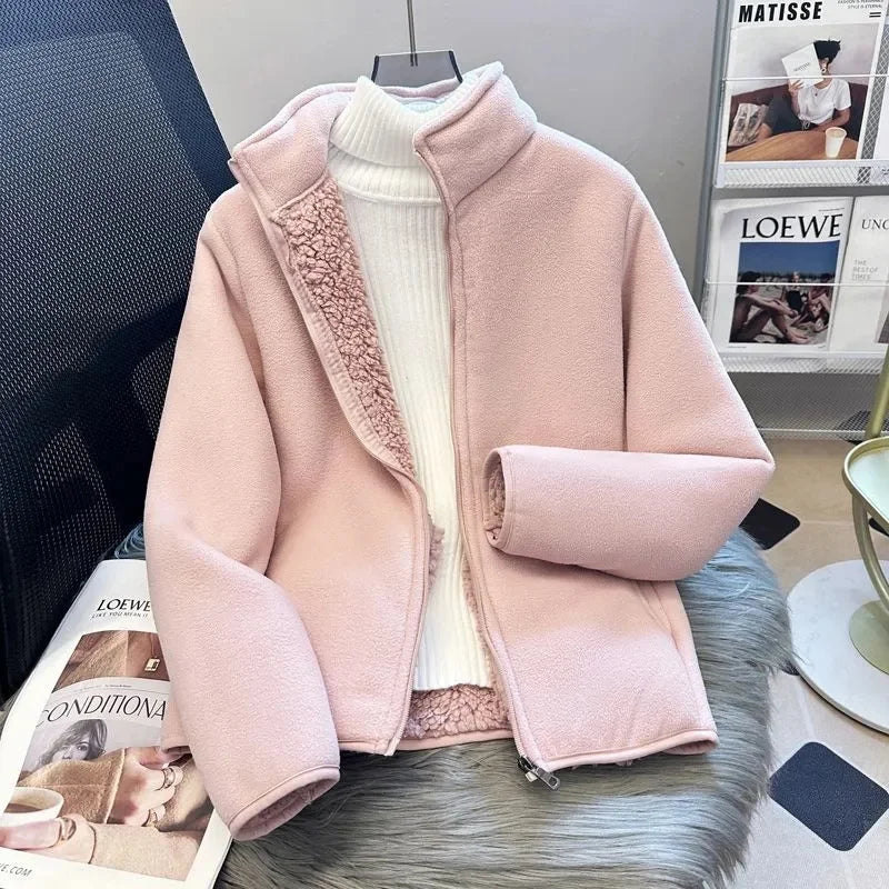 2025 Fashion Polar Fleece Sweatshirt Women's Stand-up Collar Short Coat Autumn Winter Zipper-up Thicken Jacket Lady Warm Tops