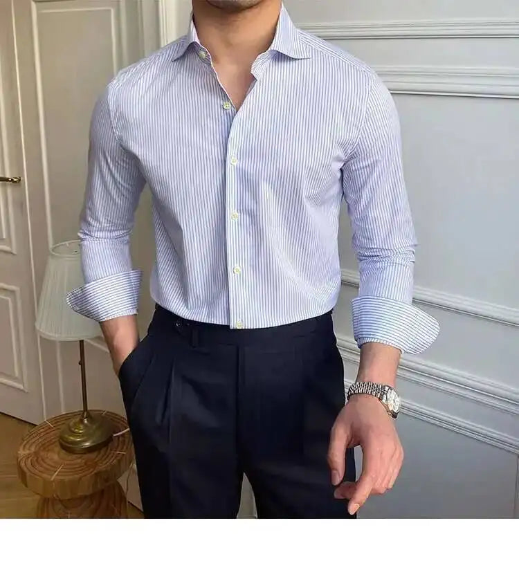 High Quality Men Business Striped Shirt Long Sleeve Slim Hairstylist Shirts Men Office Tuxedo Stripe Shirt Social Herren Hemd