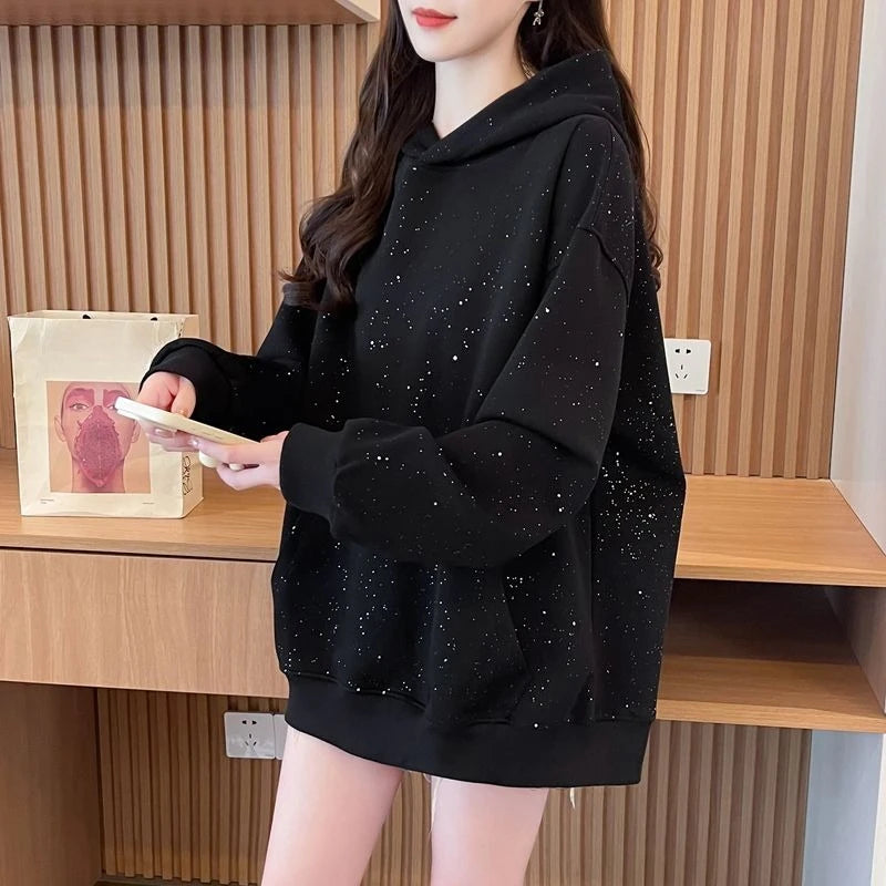 Sequins Women's Hoodies Sweatshirts Loose Y2k Vintage Matching New in Long Sleeve Y 2k Casual Emo Black Baggy Female Hooded Top