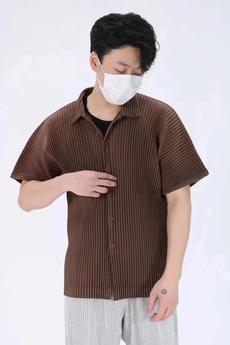 Pleats Pleated Original Short-sleeved Shirt Men's Short-sleeved Blouse 2024 Spring And Summer Loose Casual Jacket Solid Color