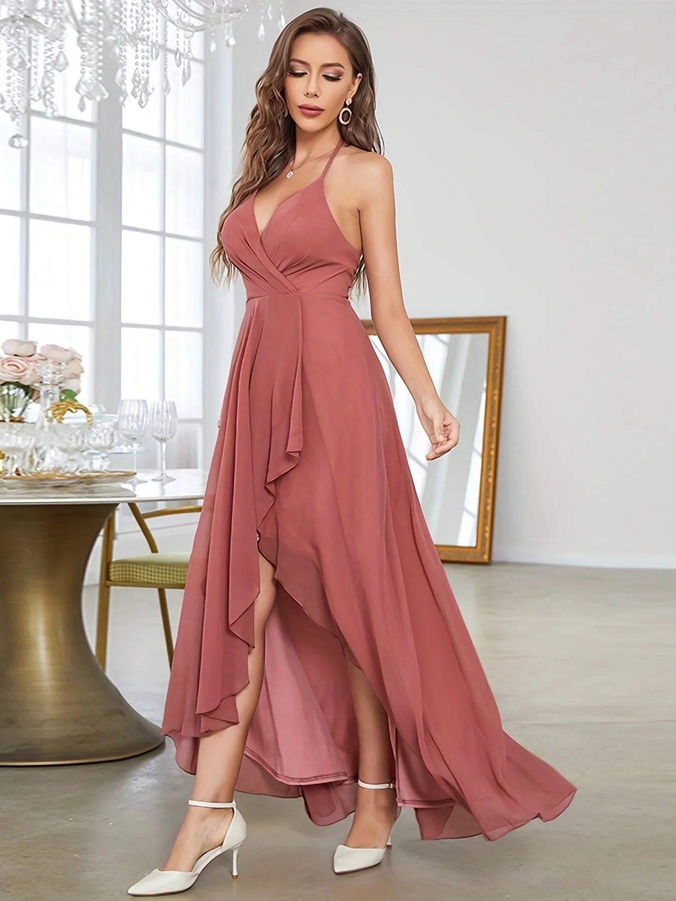 Mgiacy Ruffle Hem V-neck Halter Bridesmaid Dress, Elegant Backless Dress For Wedding Party, Women's Clothing
