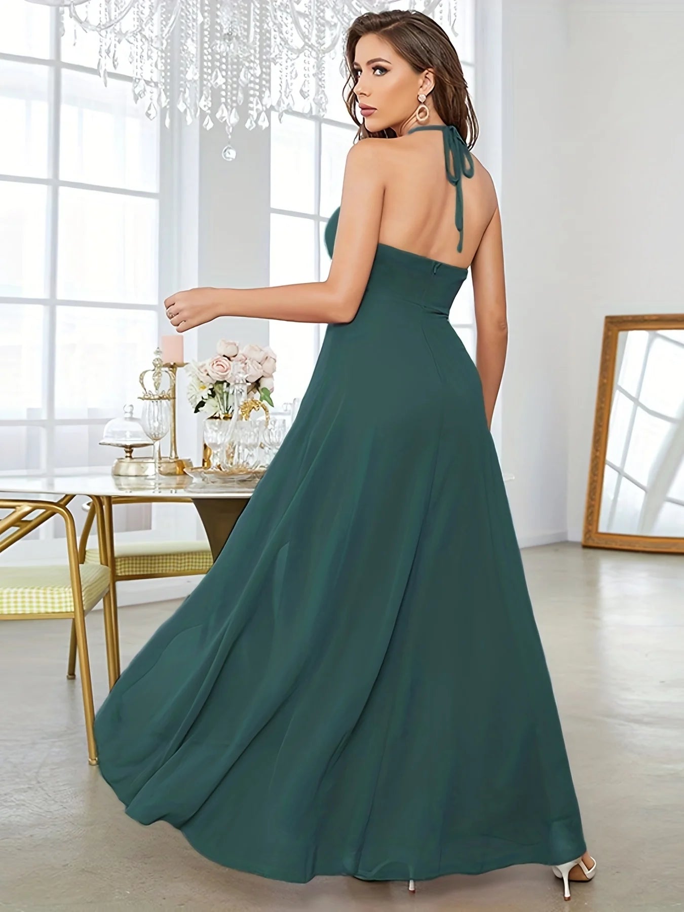 Mgiacy Ruffle Hem V-neck Halter Bridesmaid Dress, Elegant Backless Dress For Wedding Party, Women's Clothing