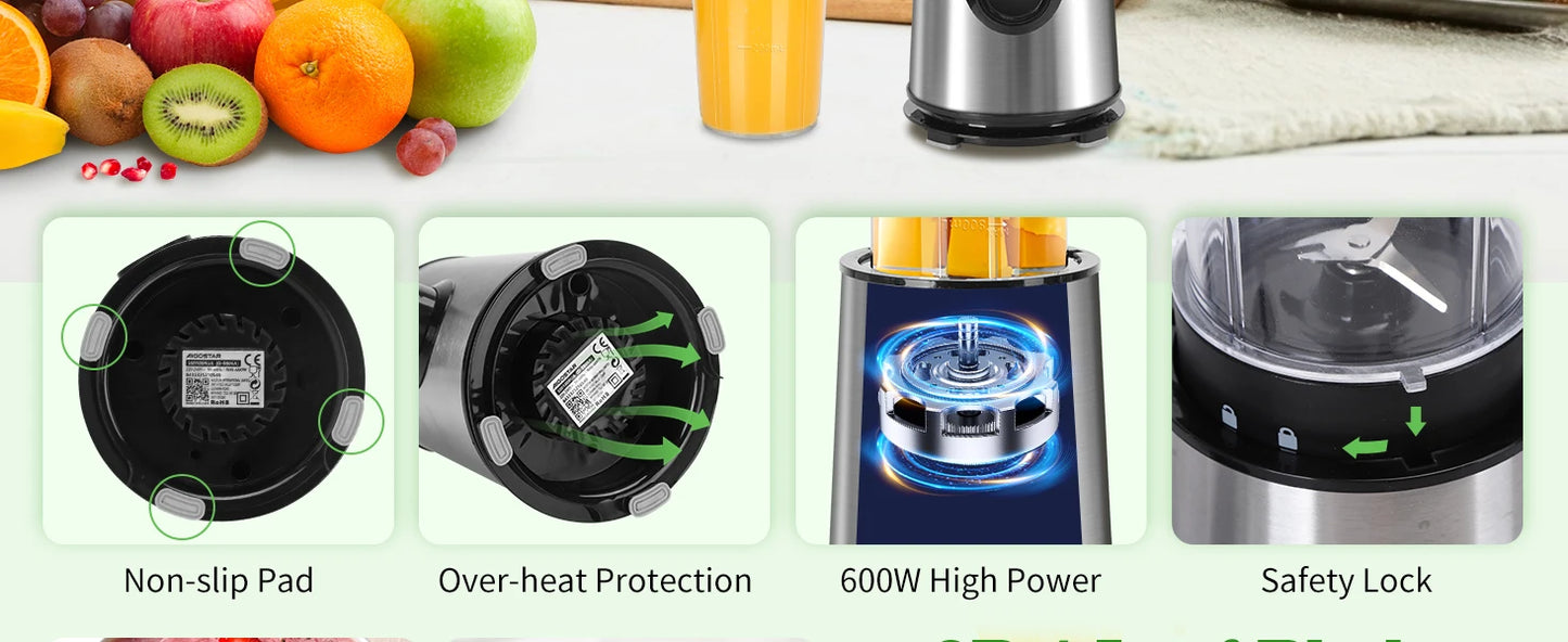 Aigostar Portable Blender, Electric Blender with 2 * 800ml BPA-FREE Water Bottles, 2 Speeds and Pulse, 4 Stainless Steel Blades,