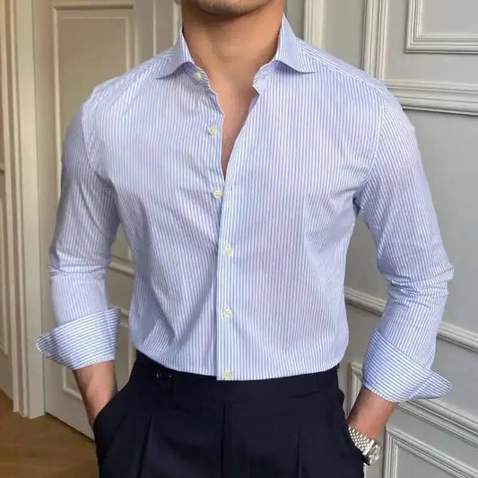 High Quality Men Business Striped Shirt Long Sleeve Slim Hairstylist Shirts Men Office Tuxedo Stripe Shirt Social Herren Hemd