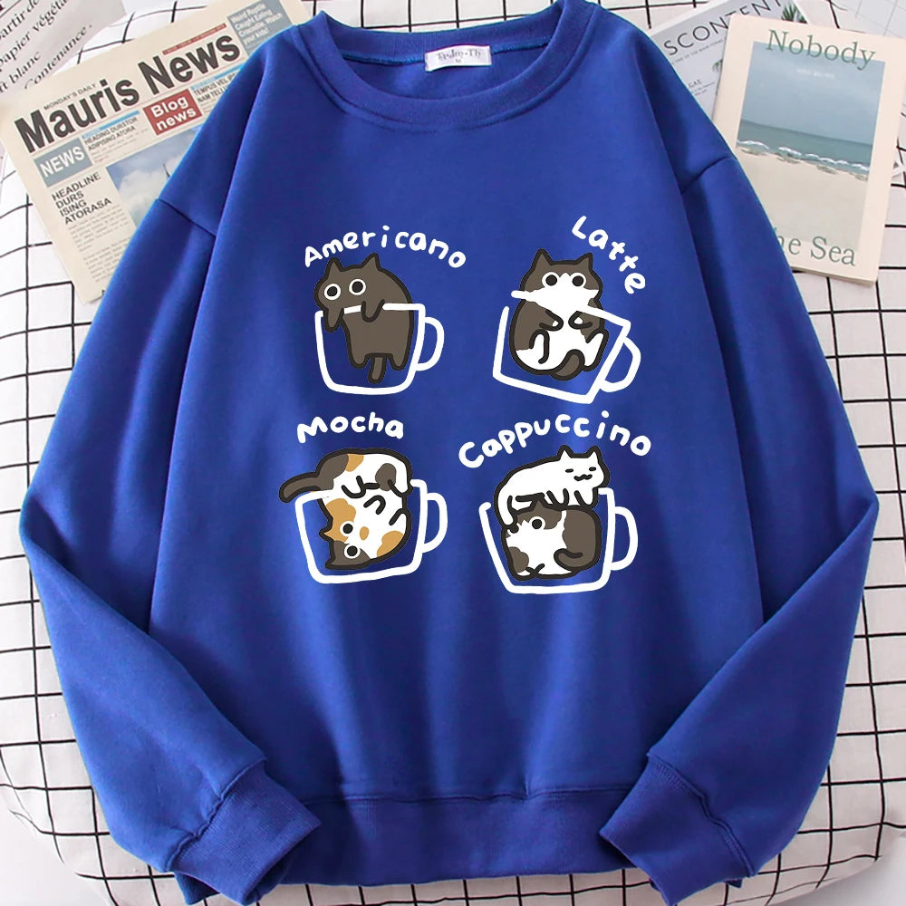 American Style Coffee Cat Cute Print Cartoons Hoodie Men Women Sweatshirt Loose Warm Clothes Personality Autumn Hoody Couple