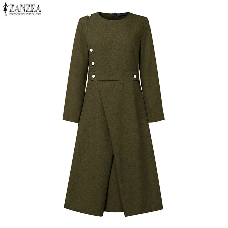 ZANZEA Autumn Dress Women Long Sleeve Elegant Office Sundress Casual Solid Color Vestidos 2025 European Style Asymmetrical Robe