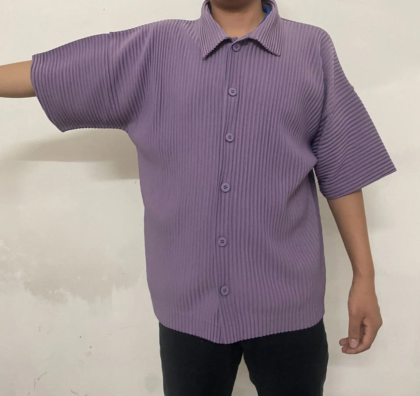 Pleats Pleated Original Short-sleeved Shirt Men's Short-sleeved Blouse 2024 Spring And Summer Loose Casual Jacket Solid Color