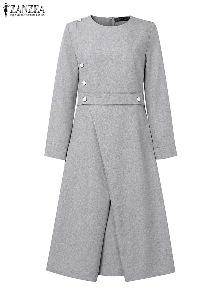 ZANZEA Autumn Dress Women Long Sleeve Elegant Office Sundress Casual Solid Color Vestidos 2025 European Style Asymmetrical Robe