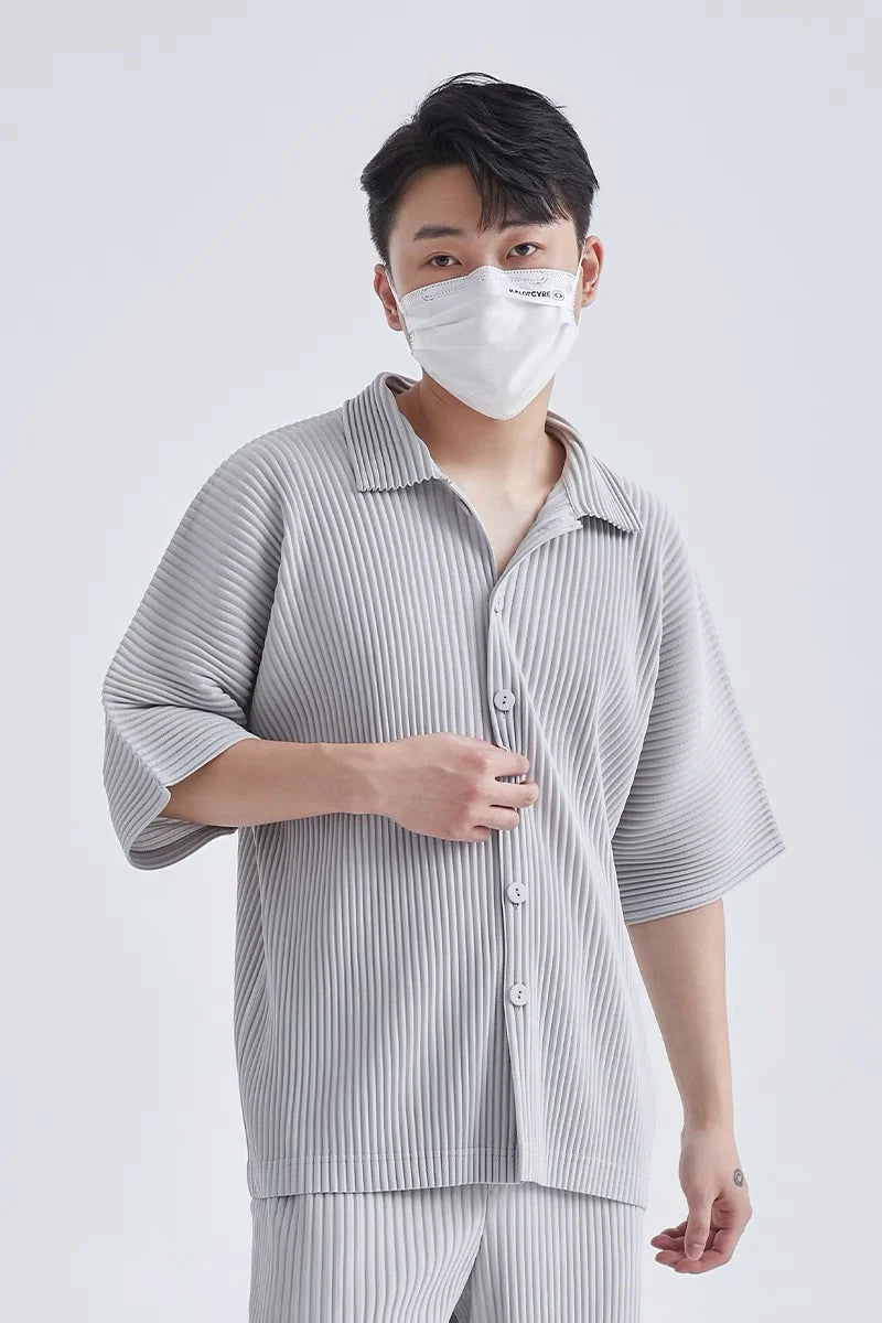 Pleats Pleated Original Short-sleeved Shirt Men's Short-sleeved Blouse 2024 Spring And Summer Loose Casual Jacket Solid Color