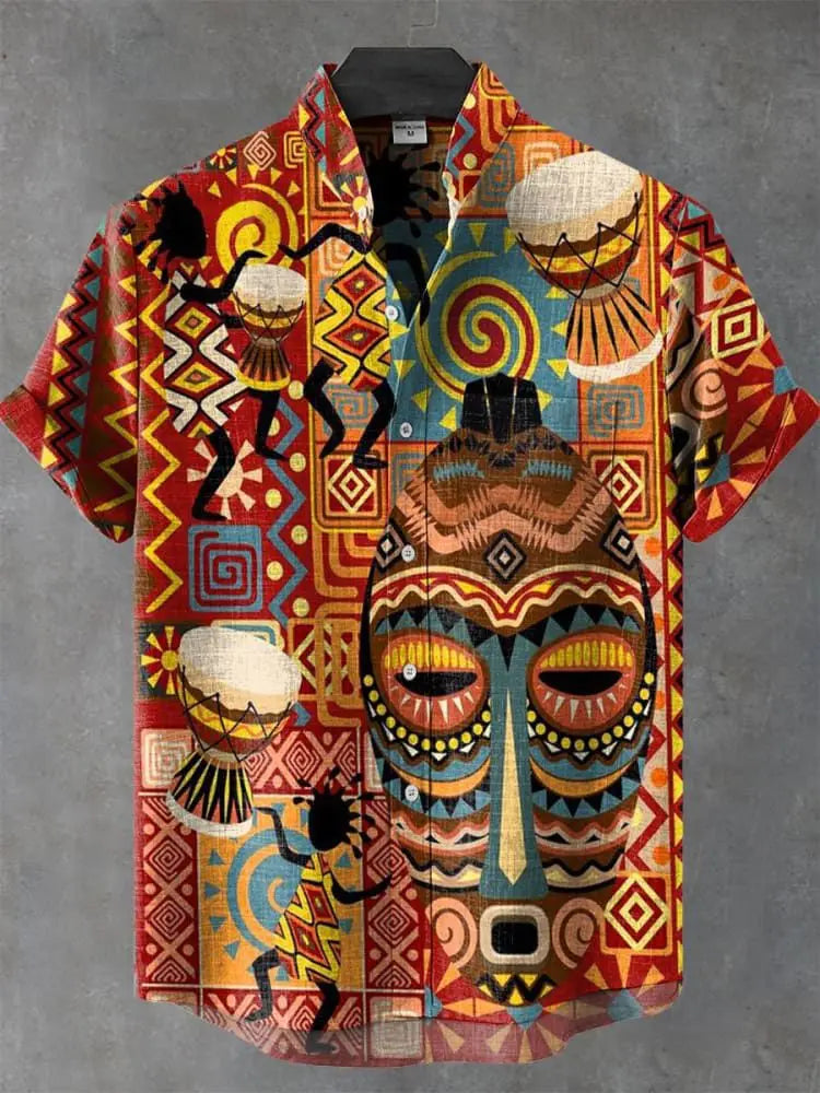 2025 Vintage African Style Men's Retro Ethnic Tribal Short Sleeve Shirt Tops Fashion Casual Vacation Streetwear Men's Shirt