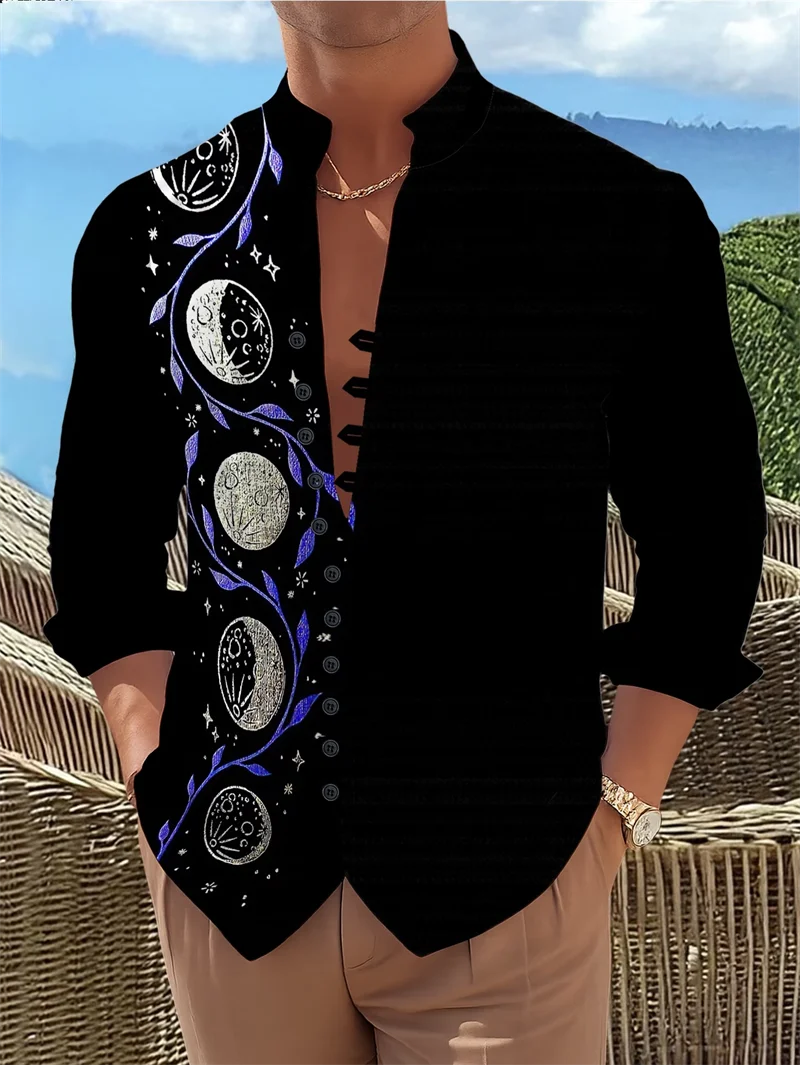 New retro ethnic style diamond patterned shirt for men, stand up collar, single breasted, personalized long sleeved top