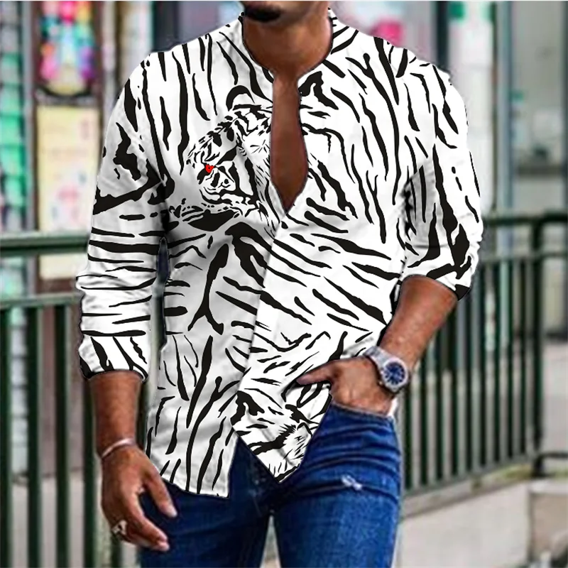 Leopard Print Shirt Men's Cuffed Fashion Casual Men's Soft Comfort High End Party Tops Men's Street Long Sleeve Clothing Tops