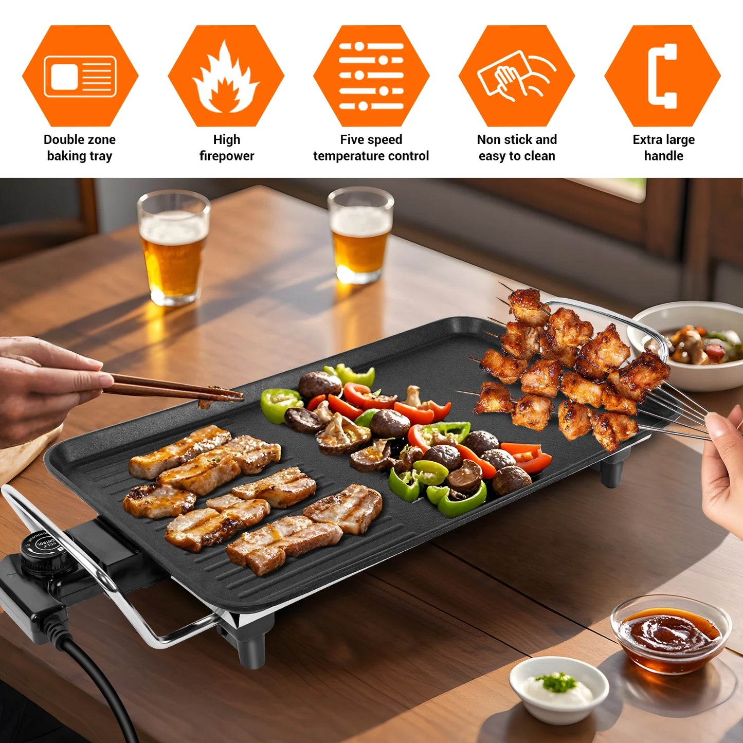 BRIEFNESS Electric Smokeless Table Grill, Hot Non-Stick BBQ Griddle for Kitchen, Party, Camping, Dinner, Festival Cooking