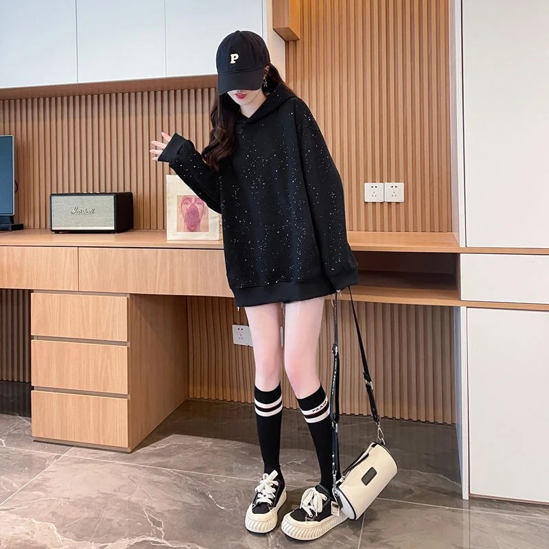 Sequins Women's Hoodies Sweatshirts Loose Y2k Vintage Matching New in Long Sleeve Y 2k Casual Emo Black Baggy Female Hooded Top
