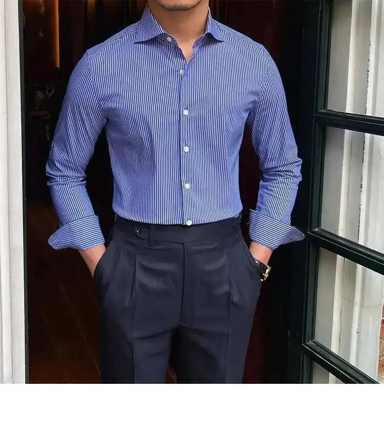High Quality Men Business Striped Shirt Long Sleeve Slim Hairstylist Shirts Men Office Tuxedo Stripe Shirt Social Herren Hemd