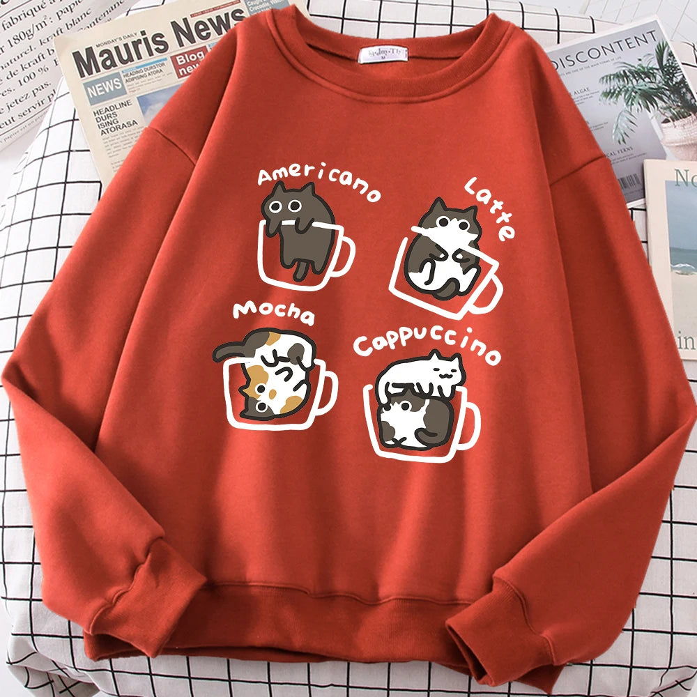 American Style Coffee Cat Cute Print Cartoons Hoodie Men Women Sweatshirt Loose Warm Clothes Personality Autumn Hoody Couple