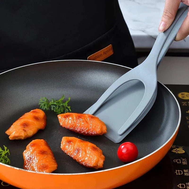 2 in 1 Nylon Grip Flip Tongs with Egg Spatula And Steak Turner Clamp Fish French Special Kitchen Utensils Cooking Tool CFQJ004