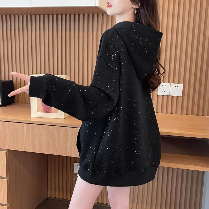 Sequins Women's Hoodies Sweatshirts Loose Y2k Vintage Matching New in Long Sleeve Y 2k Casual Emo Black Baggy Female Hooded Top