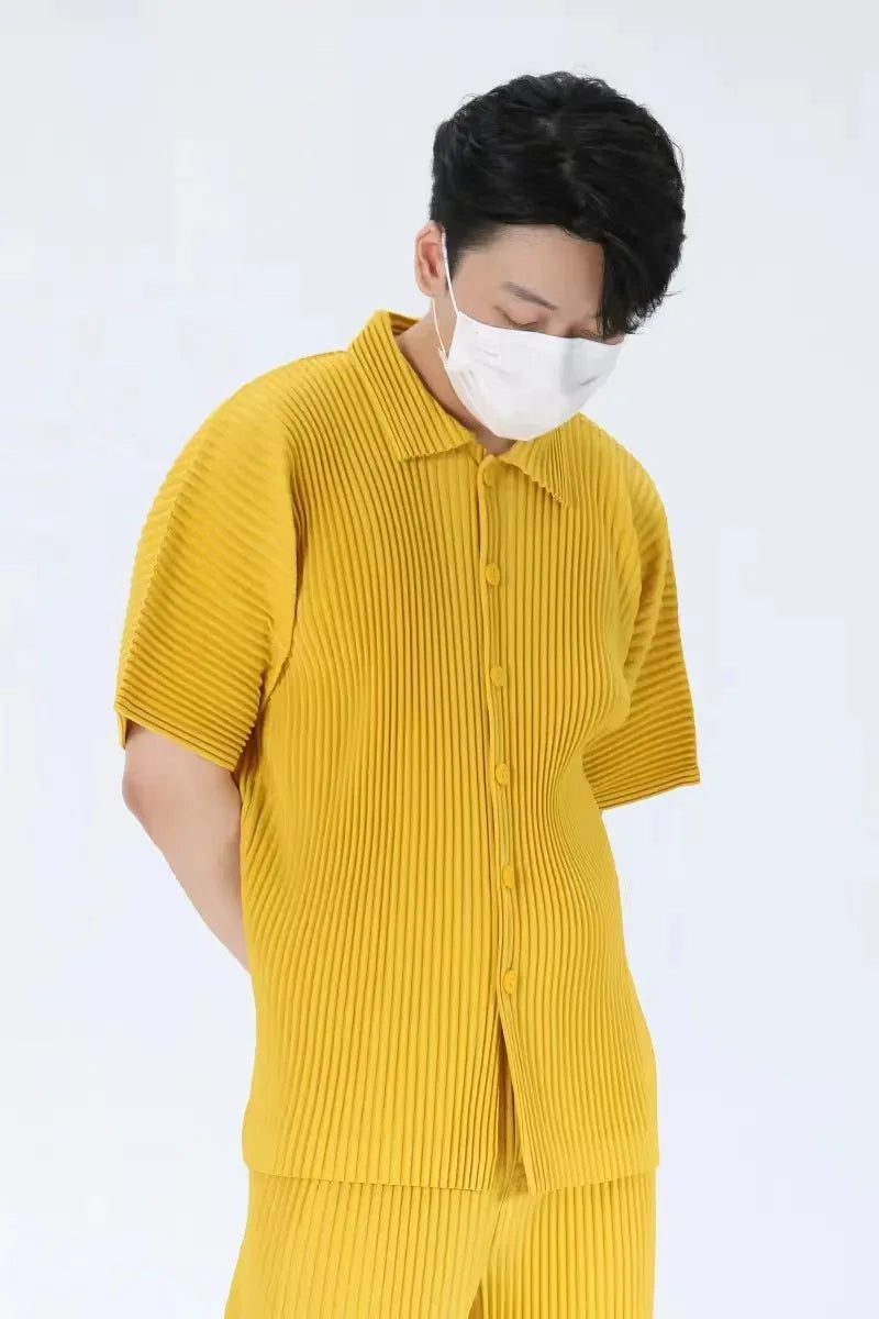 Pleats Pleated Original Short-sleeved Shirt Men's Short-sleeved Blouse 2024 Spring And Summer Loose Casual Jacket Solid Color