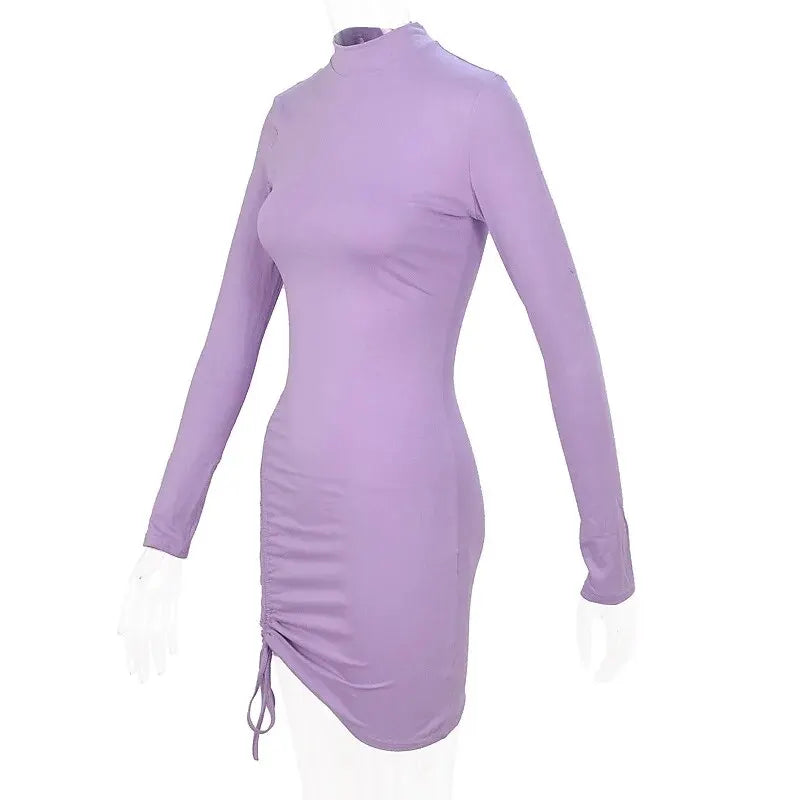 Long Sleeve Ruched Bodycon Dress Women Turtleneck Bandage Mini Dresses Autumn Black Skinny Stretchy Party Vestidos