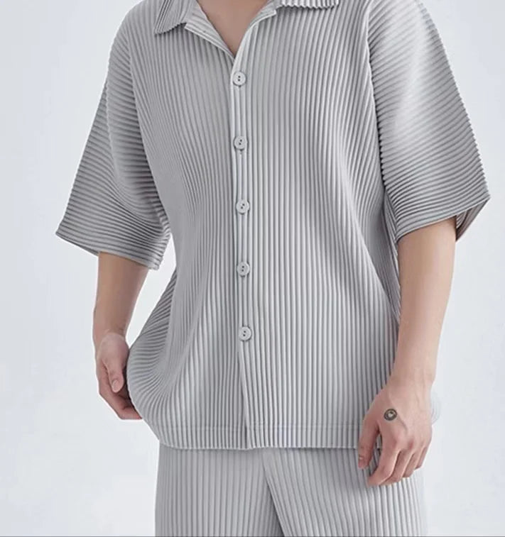 Pleats Pleated Original Short-sleeved Shirt Men's Short-sleeved Blouse 2024 Spring And Summer Loose Casual Jacket Solid Color