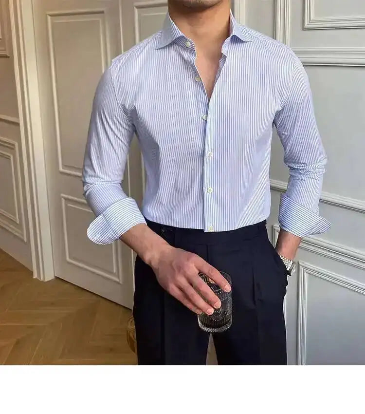High Quality Men Business Striped Shirt Long Sleeve Slim Hairstylist Shirts Men Office Tuxedo Stripe Shirt Social Herren Hemd