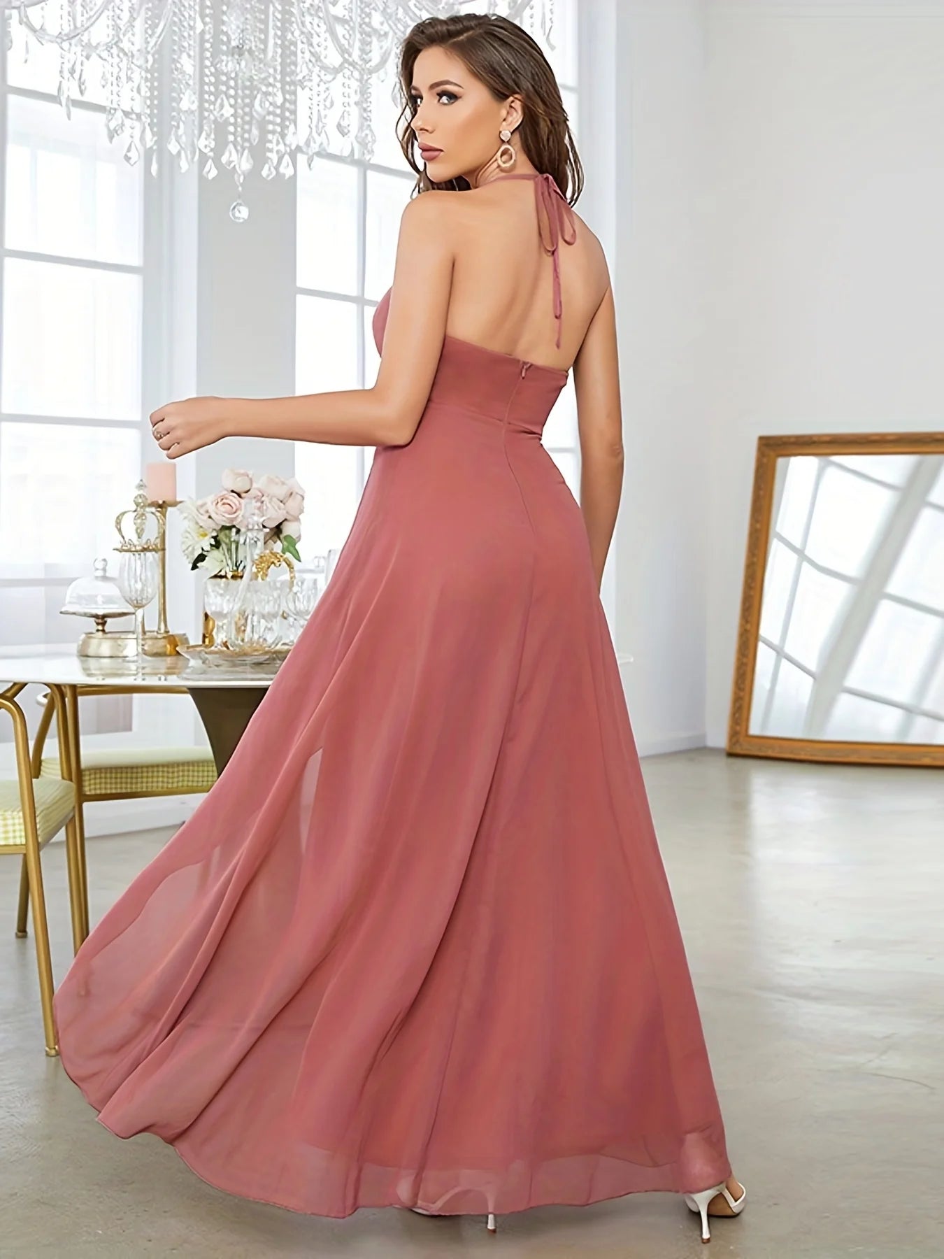 Mgiacy Ruffle Hem V-neck Halter Bridesmaid Dress, Elegant Backless Dress For Wedding Party, Women's Clothing