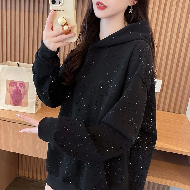 Sequins Women's Hoodies Sweatshirts Loose Y2k Vintage Matching New in Long Sleeve Y 2k Casual Emo Black Baggy Female Hooded Top