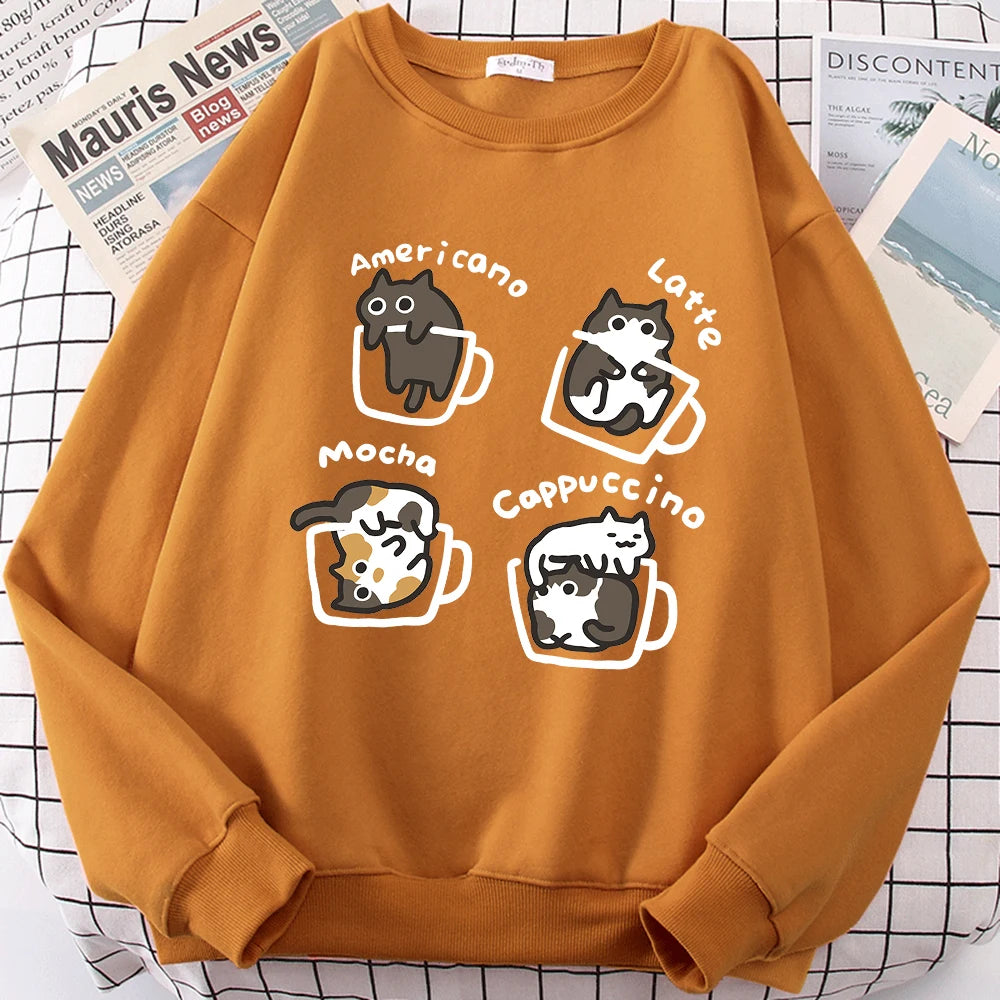 American Style Coffee Cat Cute Print Cartoons Hoodie Men Women Sweatshirt Loose Warm Clothes Personality Autumn Hoody Couple