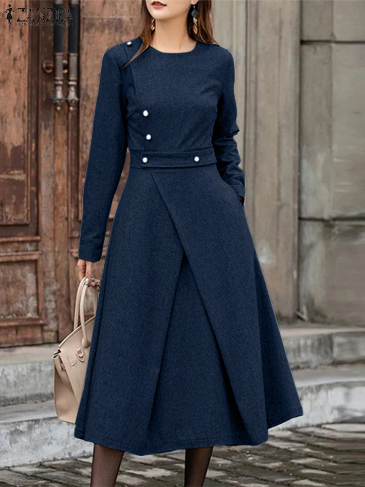ZANZEA Autumn Dress Women Long Sleeve Elegant Office Sundress Casual Solid Color Vestidos 2025 European Style Asymmetrical Robe