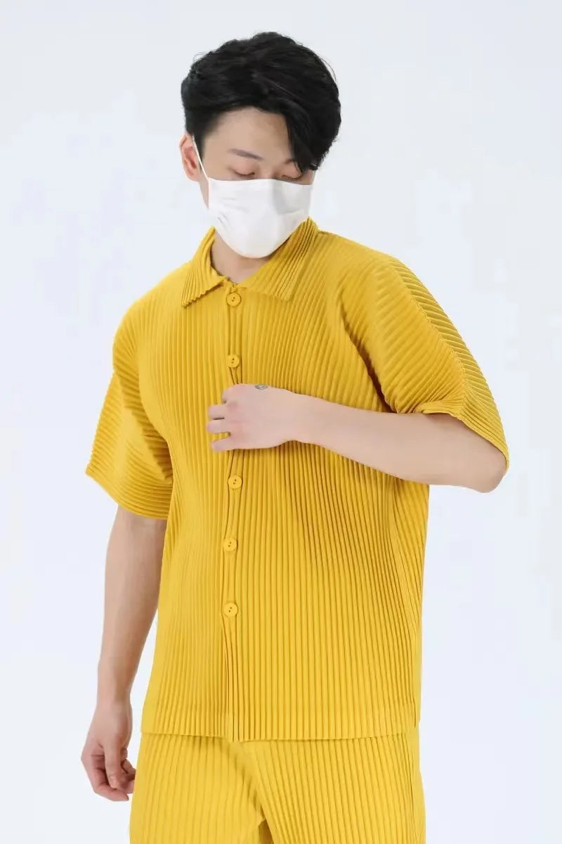 Pleats Pleated Original Short-sleeved Shirt Men's Short-sleeved Blouse 2024 Spring And Summer Loose Casual Jacket Solid Color