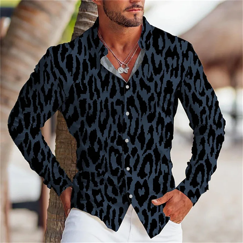 Leopard Print Shirt Men's Cuffed Fashion Casual Men's Soft Comfort High End Party Tops Men's Street Long Sleeve Clothing Tops