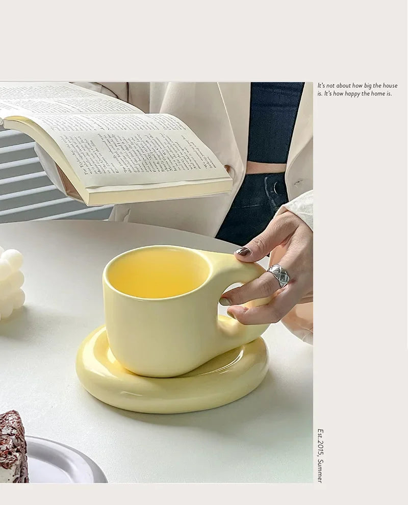 Nordic Modern Ceramic Coffee Cups and Plates Korean Ins Cute Trendy Chubby Cup Office Makron Color Spotted Texture Couple Cup