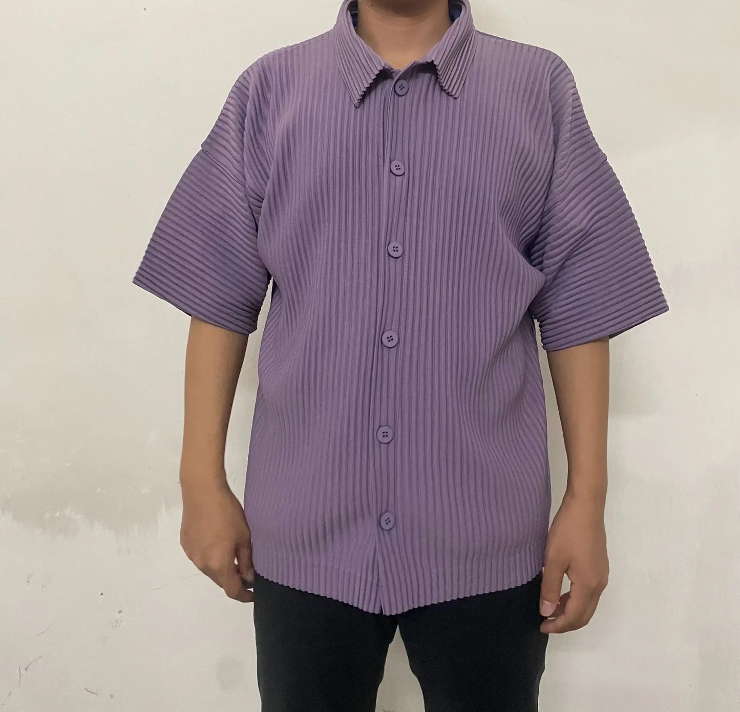 Pleats Pleated Original Short-sleeved Shirt Men's Short-sleeved Blouse 2024 Spring And Summer Loose Casual Jacket Solid Color