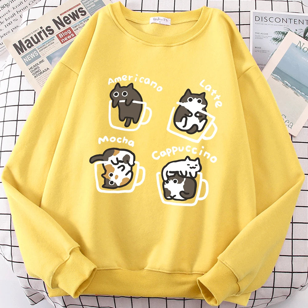 American Style Coffee Cat Cute Print Cartoons Hoodie Men Women Sweatshirt Loose Warm Clothes Personality Autumn Hoody Couple