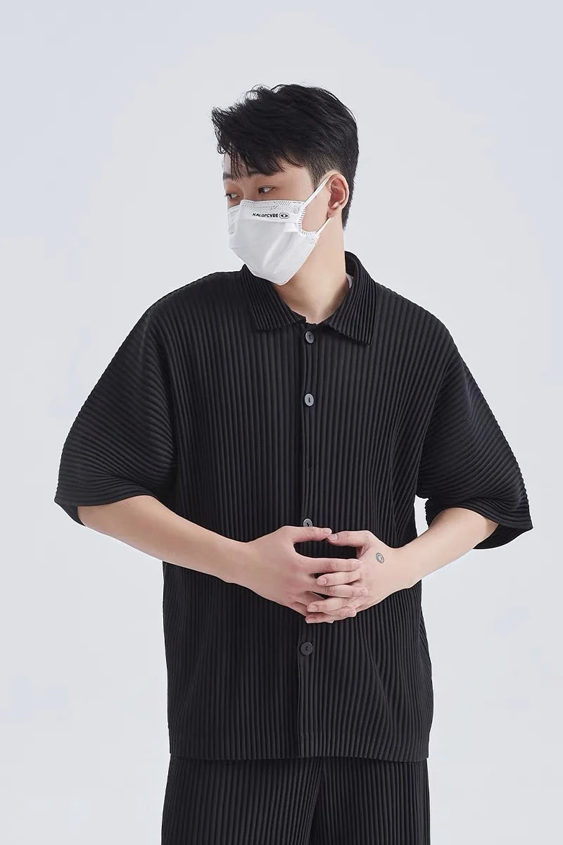 Pleats Pleated Original Short-sleeved Shirt Men's Short-sleeved Blouse 2024 Spring And Summer Loose Casual Jacket Solid Color