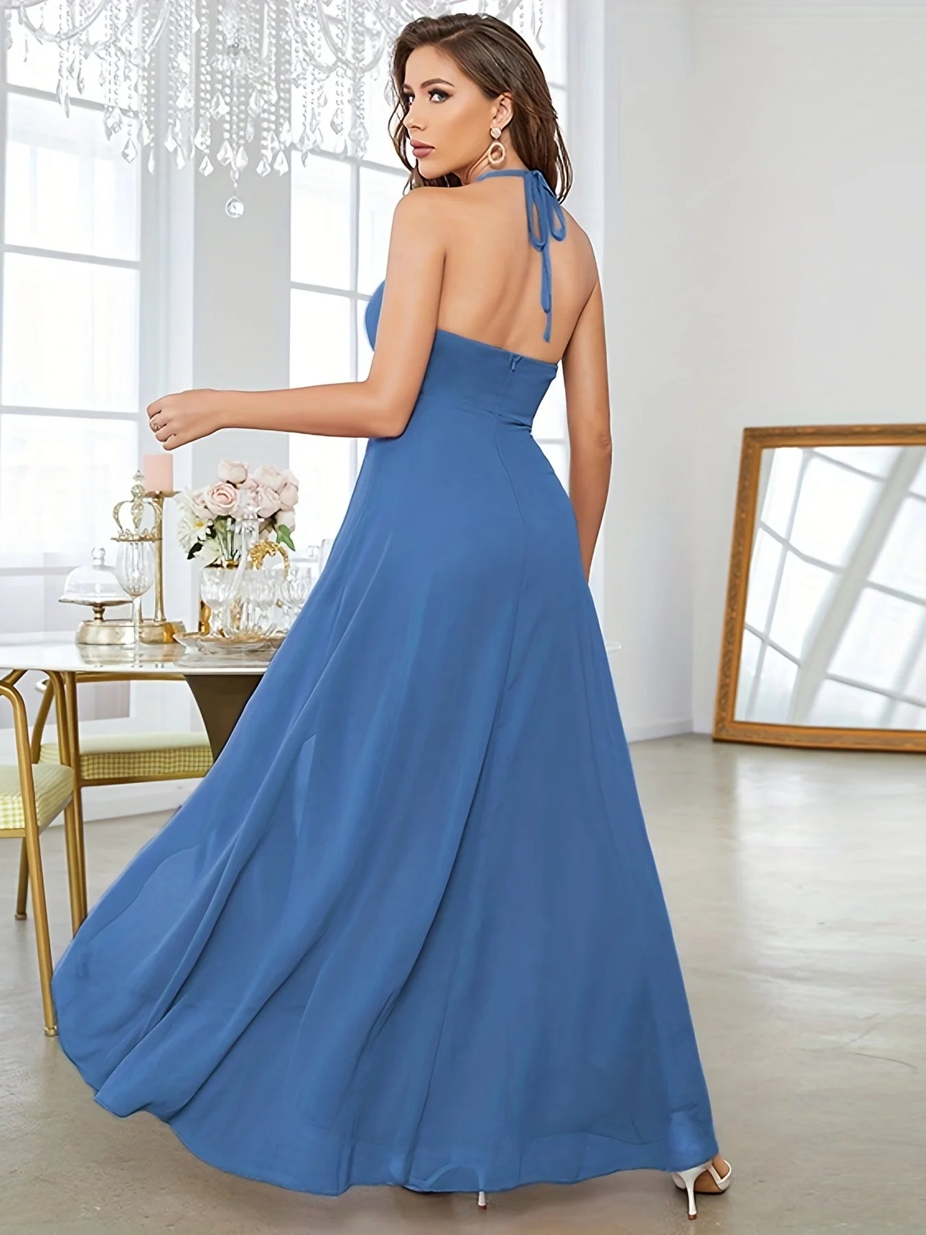 Mgiacy Ruffle Hem V-neck Halter Bridesmaid Dress, Elegant Backless Dress For Wedding Party, Women's Clothing