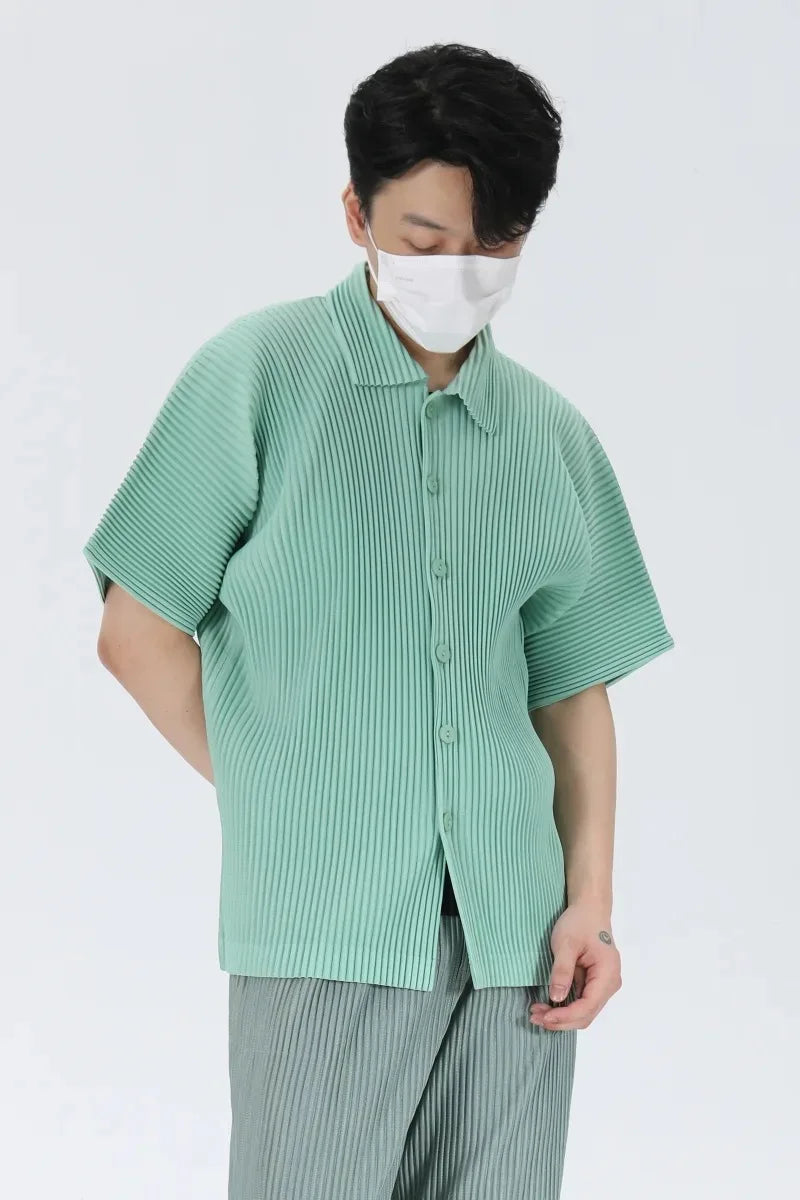 Pleats Pleated Original Short-sleeved Shirt Men's Short-sleeved Blouse 2024 Spring And Summer Loose Casual Jacket Solid Color
