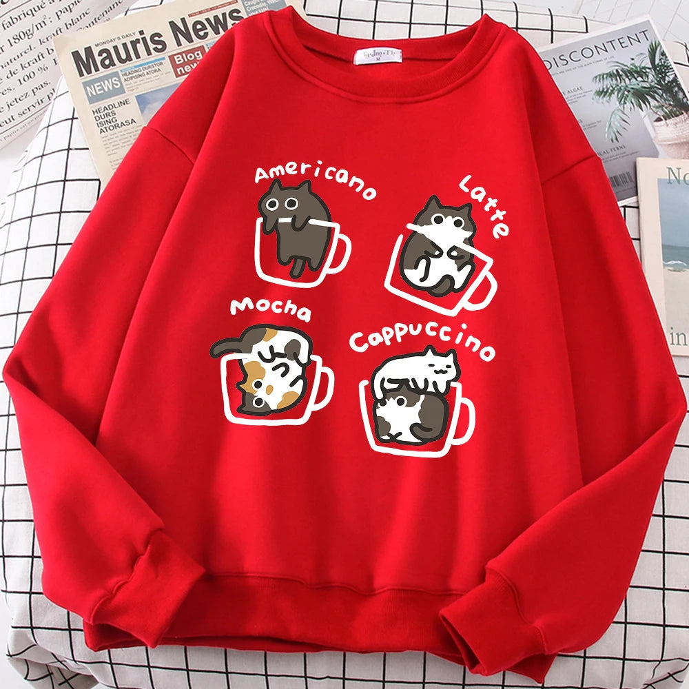 American Style Coffee Cat Cute Print Cartoons Hoodie Men Women Sweatshirt Loose Warm Clothes Personality Autumn Hoody Couple