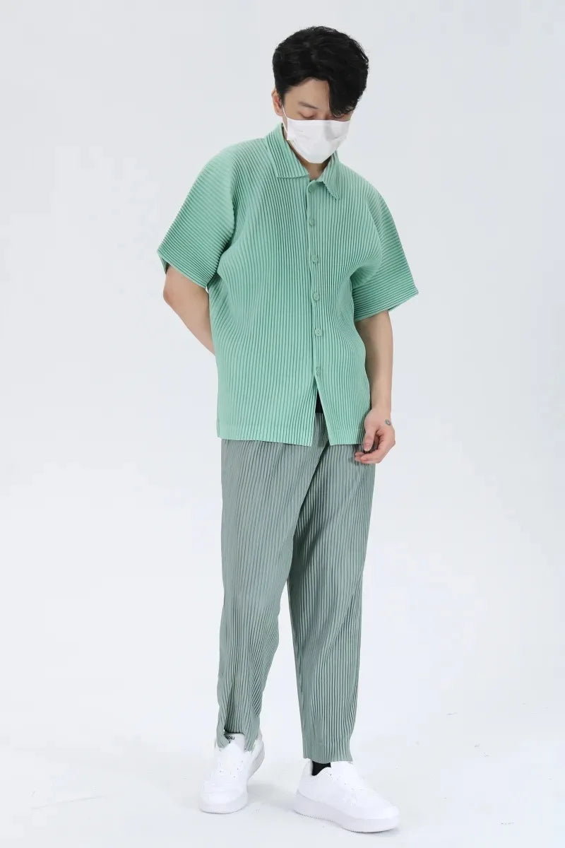 Pleats Pleated Original Short-sleeved Shirt Men's Short-sleeved Blouse 2024 Spring And Summer Loose Casual Jacket Solid Color