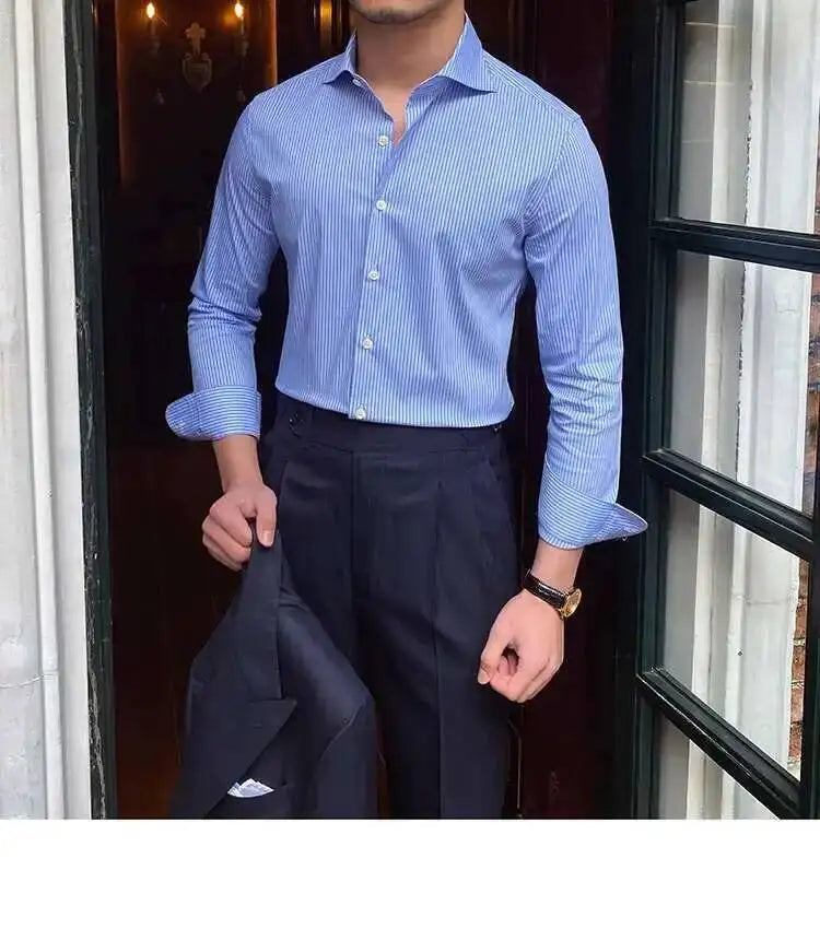 High Quality Men Business Striped Shirt Long Sleeve Slim Hairstylist Shirts Men Office Tuxedo Stripe Shirt Social Herren Hemd